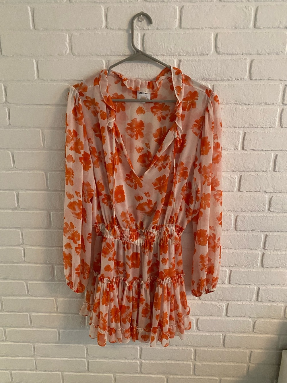Misa Los Angeles Orange Floral V-Neck Long Sleeve Mini Dress